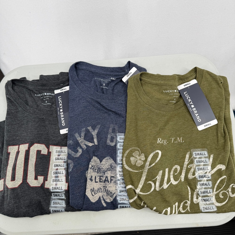 Lucky Brand T-Shirt Set Mens Small Blue Gray Green Graphic Clover 3 Pack NWT